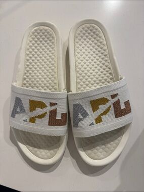 White Slide Sandals with Multicolor Graphic Strap